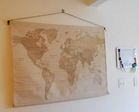 Canvas world map from Hobby Lobby Map On Wall, Bedroom Decor Bohemian, Travel Themed Room, World Map Tapestry, Beach Theme Living Room, Living Room Wall Decoration, World Map Decor, Dorm Inspo, Room Wall Decoration