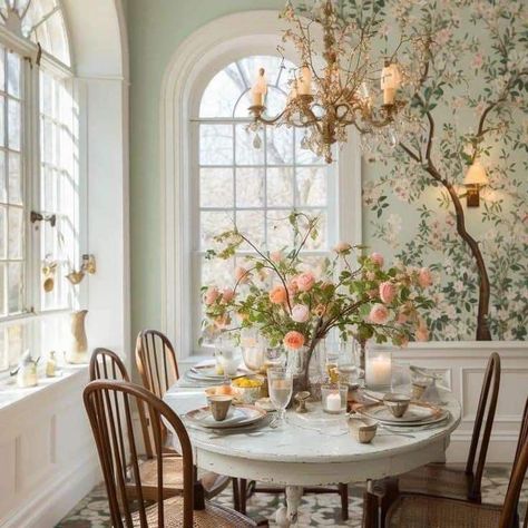 Fairy Kitchen Aesthetic, Aesthetic Cafe Interior, Clawfoot Tub Ideas, Cottagecore Dining Room, Floral Dining Room, Cottagecore Room Ideas, Dreamy Cottagecore, Vintage Tea Rooms, Clawfoot Tubs