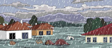 Flood in town, river water stream flow at city street with cottage houses. Natural disaster with rain and storm at countryside area with flooded buildings, climate change. Cartoon vector illustration Water Flood Drawing, Rain And Storm, Cottage Houses, Water Flood, Water Stream, Abc Coloring Pages, Abc Coloring, River Water, City Cartoon