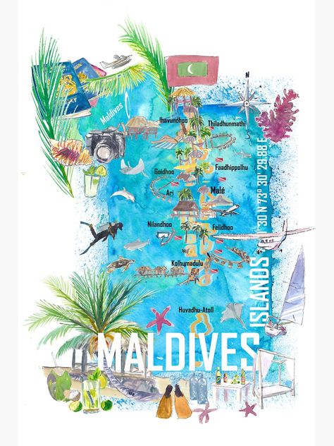 Magnet « Carte de voyage illustrée des îles Maldives avec des rêves de vacances et des refuges », par artshop77 | Redbubble Isla Margarita, Seychelles Islands, Travel Canvas, Maldives Island, Travel Map, Illustrated Map, Island Travel, Travel Maps, Caribbean Islands