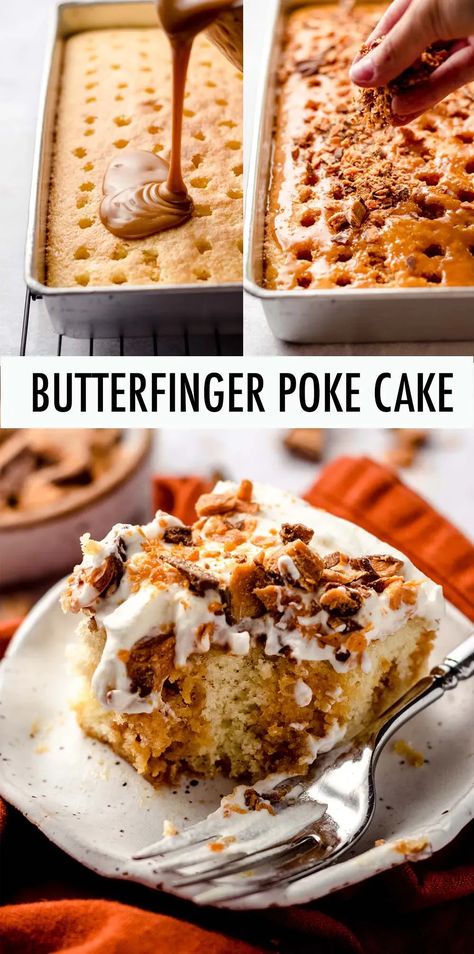 This easy poke cake recipe with Butterfingers starts with a yellow box mix that, once baked, gets soaked in a sweetened condensed milk and caramel sauce topping. Top the cake with a simple whipped topping that gets sandwiched between two layers of chopped Butterfinger bars, and you have yourself an easy Butterfinger cake! | butterfinger poke cake recipes | butterfinger poke cake condensed milk | recipe for butterfinger poke cake Easy Box Cake Recipes, Butterfinger Poke Cake, Easy Poke Cake, Butterfinger Cake Recipe, Butterfinger Bars, Butterfinger Cake, Yellow Cake Mix Recipes, Strawberry Poke Cakes, Poke Cake Recipe