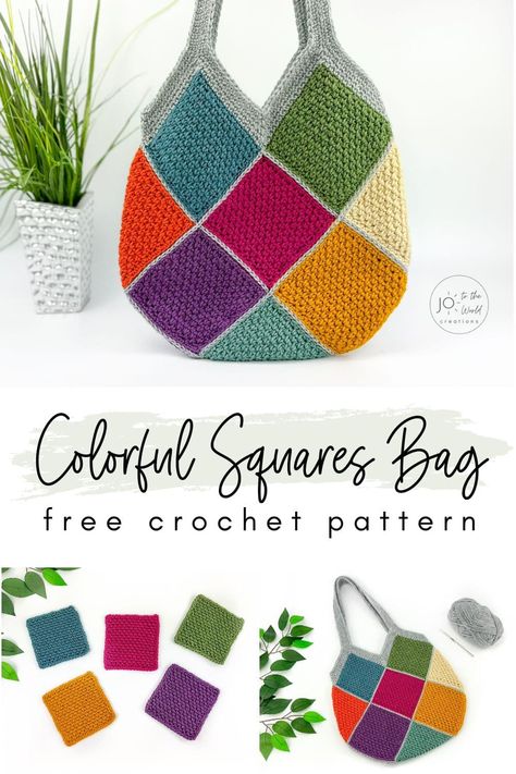 Colorful Squares Bag - Free Crochet Pattern | Jo to the World Creations Patchwork Crochet Bag Pattern, Crochet Bag Using Granny Square, Crochet Squares Bag, Free Cotton Crochet Patterns, Granny Squares Bag, Crochet Bag Patterns Free, Granny Square Bag Crochet, Crochet Bag Handles Free Pattern, Free Crochet Projects