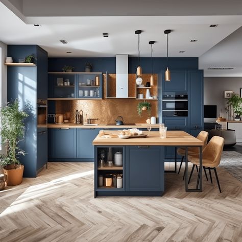 Blue Kitchen Inspiration, Modern Kitchen Design Trends, Cabinet Colours, Blue Kitchen Designs, Open Plan Kitchen Dining Living, Open Plan Kitchen Dining, Kitchen Dining Living, Kitchen Design Plans, Kitchen Design Trends