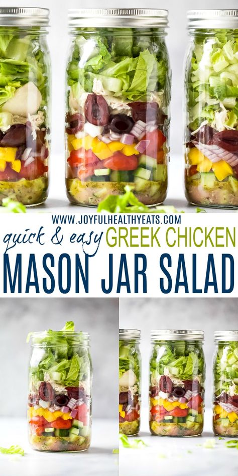 Salads In A Jar Recipes Greek, Mediterranean Diet Mason Jar Salads, Jar Dinners Mason, Salad Prep Jars, Greek Salad Mason Jar, Meal Prep Greek Salad, Chicken Salad Jar Recipe, Mediterranean Mason Jar Salad, Make Ahead Refrigerator Meals