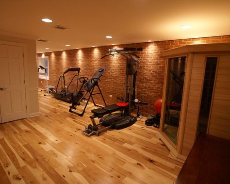 Home Gym With Sauna, Gym With Sauna, Studio Conversion, Basement Sauna, Gym Design Ideas, Basement Gym Ideas, Basement Guest Rooms, Dream Home Gym, Faux Brick Panels