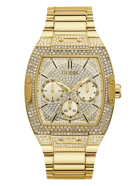 An oversized stunner, this watch is made in allover gold-tone with crystals embedded around the barrel shaped case. Case diameter in mm: 43 x 51  Water resistant up to 50M/165FT  2 year limited warranty Stainless Steel Bracelet Men, Guess Watch, Gents Watches, Gold Armband, Guess Men, Mens Trends, Mens Gold, Gold Case, Nixon