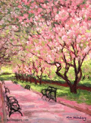 Kim Stenberg's Painting Journal: "Central Park Spring" (oil on stretched canvas Central Park Spring, Painting Journal, Park Painting, New York City Central Park, Tree Tunnel, Cherry Blossom Painting, Impressionistic Art, Tread Lightly, Monet Paintings