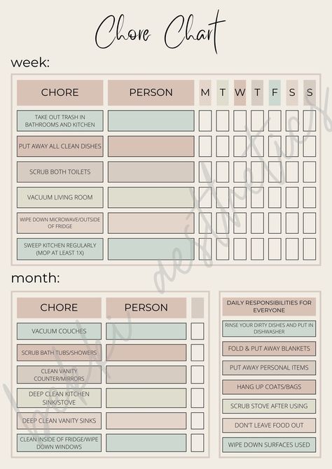 Chore chart for roommates, family, kids, etc.  Great way to keep your apartment or home organized and easily delegate responsibilities! Chore Chart For Roommates, Roommate Chore Chart, Chore Calendar, Teen Chore Chart, Chore Organization, Chore Schedule, Cleaning Chart, Chore Board, Chore Checklist