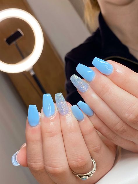 Basic Nails For Hoco, Blue Winter Nails Coffin, Blue Ballerina Nails Short, Blue Sparkle Acrylic Nails, Hoco Nails Blue Dress, Prom Nails For Light Blue Dress, Cinderella Blue Nails For Prom, Blue And Glitter Nails, Prom Nails For Blue Dress Sparkle