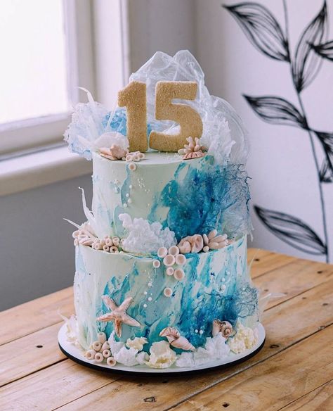 Birthday Cake Ocean, Beach Cake Ideas, Cake Ocean, Ombre Ruffle Cake, Ocean Birthday Cakes, Hawaii Cake, Beach Birthday Cake, Ocean Cake, Beach Theme Wedding Cakes