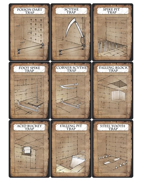 Trap cards to spring on your players ! Dnd Traps, Dungeon Traps, Dnd Puzzles, Dm Resources, Dm Tools, Trap Cards, Fantasy Items, Dnd Stories, Dungeon Master's Guide