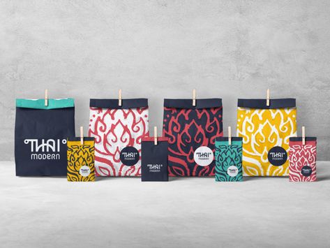 Thai Modern Takeaway Thai Food Packaging Design, Thai Graphic Design, Thai Modern, Paper Bag Design, Thai Design, Thai Pattern, Restaurant Branding Design, Modern Packaging, Modern Card