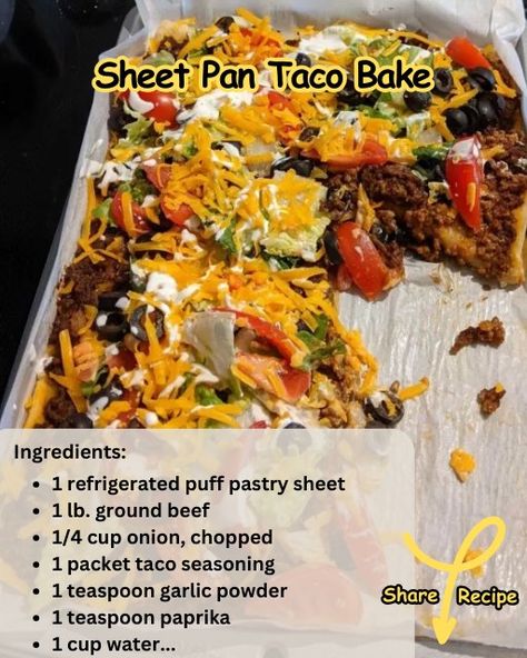 Easy Recipes Quick And Easy Taco Bake, Bundt Pan Taco Bake, Pan Taco Bake, Sheet Pan Taco Pizza With Puff Pastry, Copycat Taco Bell Mexican Pizza Casserole, Green Lettuce, Taco Bake, Taco Pizza, Puff Pastry Sheets