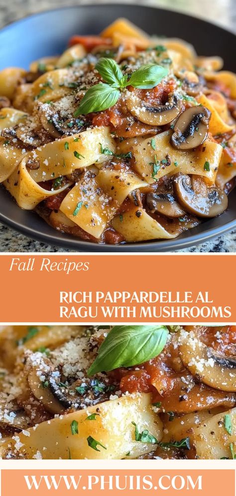 Indulge in this comforting pasta dish that combines tender pappardelle with a savory mushroom ragu. A perfect meal for cozy evenings, this recipe celebrates the earthy flavors of mushrooms complemented by the sweetness of crushed tomatoes. Whether it’s a weeknight dinner or a special occasion, this pasta dish will surely impress. Pappardelle Ragu, Pappardelle Recipes, Pappardelle Recipe, Mushroom Ragu, Mushroom Pasta, Warm Food, Pasta Dish, Crushed Tomatoes, Seasonal Recipes