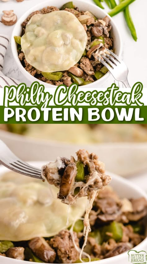 PHILLY CHEESESTEAK BOWLS - Butter with a Side of Bread Healthy Low Carb Dinners, High Protein Dinner, Protein Dinner, Breakfast Low Carb, High Protein Meal Prep, Healthy High Protein Meals, High Protein Low Carb Recipes, Easy Healthy Meal Prep, Philly Cheesesteak