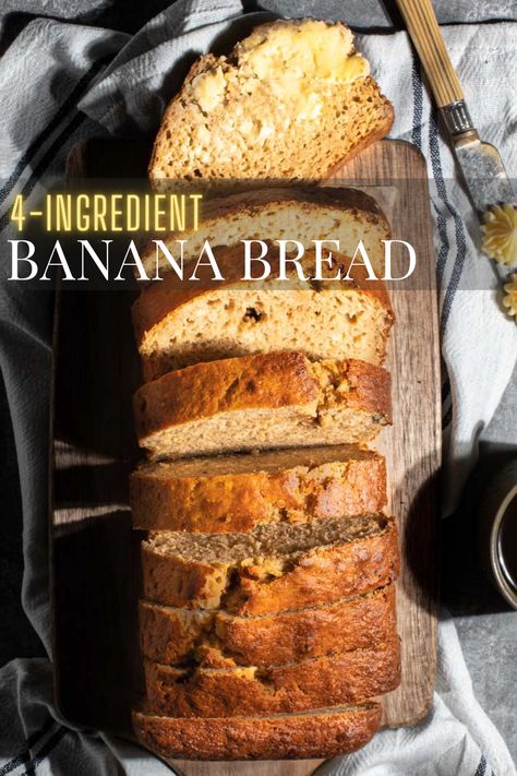 A loaf of 4-ingredient banana bread sliced into 9 slices. One slice is buttered. Banana Bread Recipe Uk, Super Moist Banana Bread, Banana Bread Recipe Moist, Measuring Ingredients, Moist Banana Bread, Banana Bread Recipe, Baked Dessert Recipes, 4 Ingredient, Recipe Boards