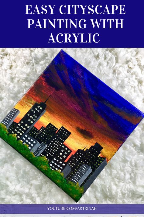 Check out this dramatic night sky in the city painting video. Night City Painting Acrylic Easy, Easy Cityscape Painting, Night City Painting Easy, City Painting Acrylic Easy, City Painting Easy, City Night Painting, City Canvas Painting, Random Painting, City Scape Painting