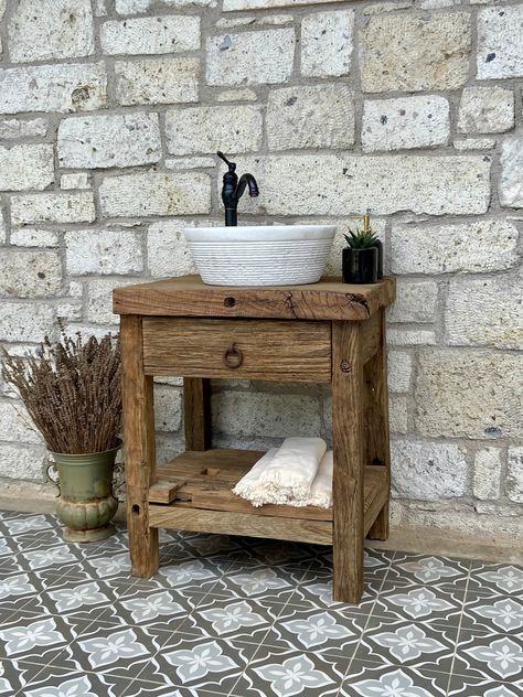 Reclaimed Bathroom Vanity With Single Sink Rustic Wood - Etsy Reclaimed Wood Vanity Bathroom, Rustic Bathroom Sink Ideas, Wood Vanity Bathroom, Rustic Wood Bathroom, Modern Spanish Farmhouse, Home Kitchen Renovation, Rustic Bathroom Sink, Reclaimed Bathroom, Reclaimed Wood Bathroom Vanity