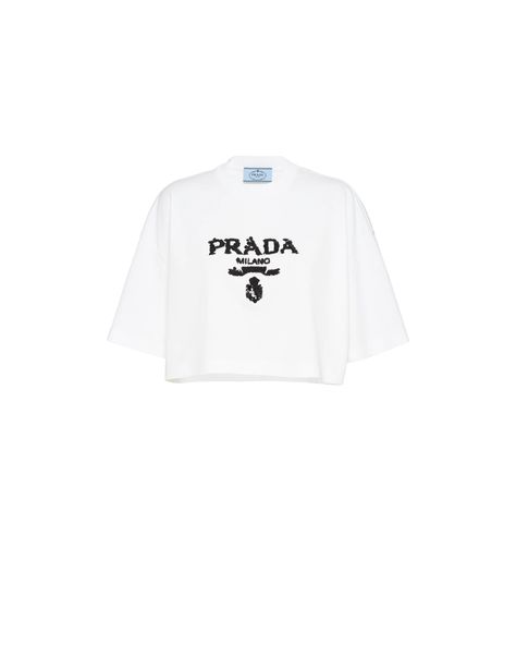 Crop T Shirt, Hot Sneakers, Triangle Logo, T Shirt Women, Crop Tshirt, Logo Embroidered, White Cotton, Designing Women, Prada