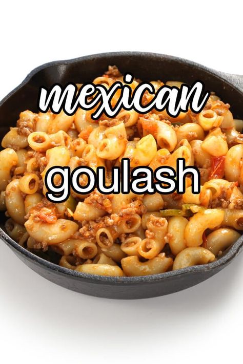 Mexican Goulash - A Mexican-flavored twist on American-style goulash. Pasta, ground beef, and vegetables are are simmered in a spiced tomato sauce. | CDKitchen.com Taco Goulash Recipe, Mexican Goulash Ground Beef, Mexican Goulash Recipes, Spanish Macaroni, Mexican Hamburgers, Tex Mex Goulash, Mexican Goulash, Mexican Macaroni, Mexican Pasta Recipes