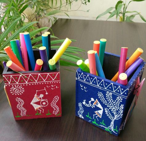 Pencil Stand Painting Ideas, Radhe Painting, Productivity List, Owl Wallpaper Iphone, Warli Paintings, Pencil Stand, Worli Painting, Painted Frames, Pot Making