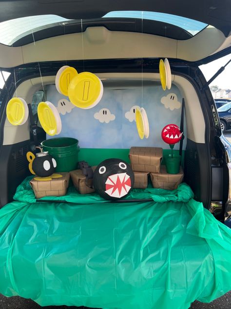 Easy Mario Trunk Or Treat, Super Mario Trick Or Trunk, Mario Halloween Trunk Or Treat, Mario Bros Trunk Or Treat, Super Mario Halloween Bucket, Mario Trick Or Treat Bag, Mario Trunk Or Treat, Treat Ideas, Trunk Or Treat