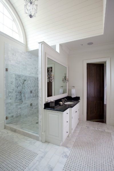 Walk In Shower behind vanity wall. the shower behind the vanity idea is my favorite bathroom design ever! Hidden Shower, Diy Shower Curtain, Bathroom Design Layout, Transitional Bedroom, Bedroom Wall Colors, Transitional House, Trendy Bathroom, Dream Bathrooms, Bathroom Renos