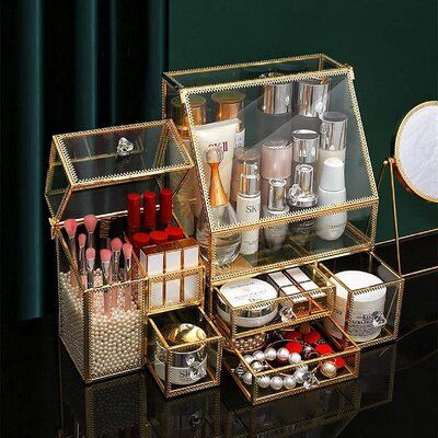 Classy vintage glass and metal design make the makeup jewelry organizer very attractive, it will shine on your vanity or dressing table. It is a great gift for your wife, girlfriend, and someone who loves makeup. | Rosdorf Park Borghild Cosmetic Makeup Organizer Plastic in Yellow, Size 8.4 H x 6.1 W x 4.3 D in | Wayfair | Organization Countertop Makeup Storage, Dressing Table Glass, Stained Nails, Glass Makeup, Jewelry Packaging Design, Room Dressing, Square Storage, Packaging Jewelry, Jewelry Display Box