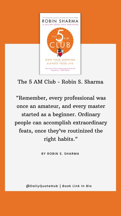 "The 5 AM Club" by Robin S. Sharma promotes waking up at 5 AM to maximize productivity and personal growth. Key concepts include a morning routine of exercise, reflection, and growth to enhance success and well-being. #Quote #The5AMClub #RobinSSharma #MorningRoutine #Productivity #PersonalGrowth #Success #EarlyRiser 5 Am Club Quotes, The 5 Am Club, 5 Am Club, Club Quotes, Club Quote, Am Club, Empowering Books, A Morning Routine, Robin Sharma