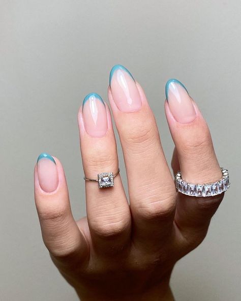 Short French Winter Nails 2023-2024 21 Ideas Light Blue French Tip Nails Almond, Dusty Blue Nails Wedding, Teal French Tip Nails, French Winter Nails, Light Blue French Tip Nails, Nails Short French, Blue French Manicure, Blue French Tip Nails, Blue Nail Polish Colors