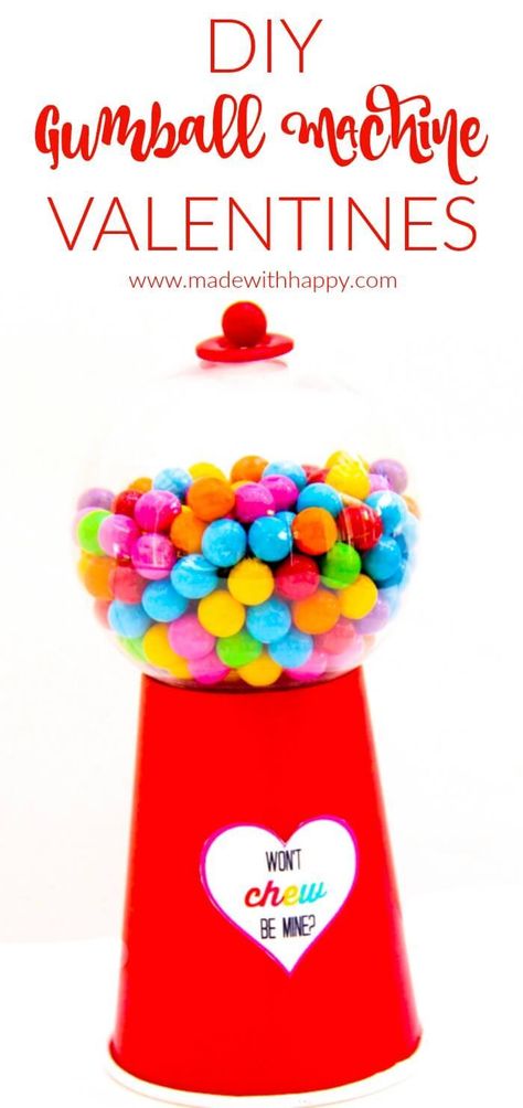 There are so many fun make your own Valentine option.  We are in love with this DIY Gumball Machine with free printable..  We're sharing how to make a gumball machine along with these super cute "won't chew be mine" free printables.  www.madewtihhappy.com Gumball Valentine Box Ideas, Diy Gumball Machine Valentines Day, Bubblegum Machine Valentines Boxes, Diy Gumball Machine Dollar Stores, Gumball Valentines Boxes, Gumball Machine Valentine's Day Boxes, Easy February Crafts, Valentine's Boxes, Diy Gumball Machine