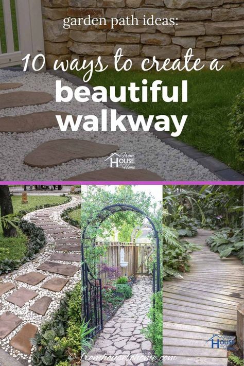 These beautiful garden path ideas provided so much inspiration for my backyard walkway. I made the DIY stepping stones but there's lots of other options for brick, wooden, mulch, grass, stone, and flagstone paths that will make your garden design look beautiful. #fromhousetohome #gardenpaths #pathsandwalkways #walkways #diyprojects #gardendesign Backyard Garden Path Walkway Ideas, Front Walk Ways Diy Paths Cheap, Affordable Pathway Ideas, How To Make A Path In Your Yard, Meandering Garden Paths, Mosaic Walkway, Stone Garden Paths, Flagstone Walkway, Flagstone Path