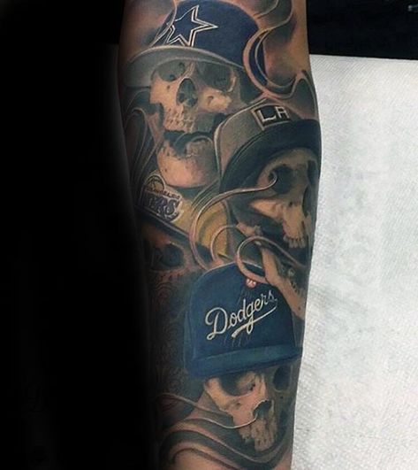 60 Los Angeles Dodgers Tattoos For Men - Baseball Ink Ideas Los Angeles Dodgers Tattoo, Cowboys Tattoo, Dallas Cowboys Tattoo, Cowboy Star, Dallas Tattoo, Baseball Tattoos, Sport Tattoos, Chicano Tattoos Sleeve