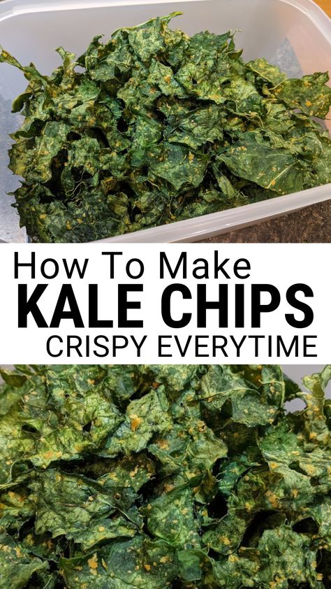 How to make kale chips in a dehydrator. Crispy kale chips in a bow. The recipe also states how to make kale chips in oven. Baked Kale Chips Oven, How To Make Kale Chips In Oven, Kale Chips Recipe Oven, Air Fryer Kale Chips Recipe, Kale Chips Oven, Cheesy Kale Chips, Kale Chip, Baked Kale Chips, How To Make Kale