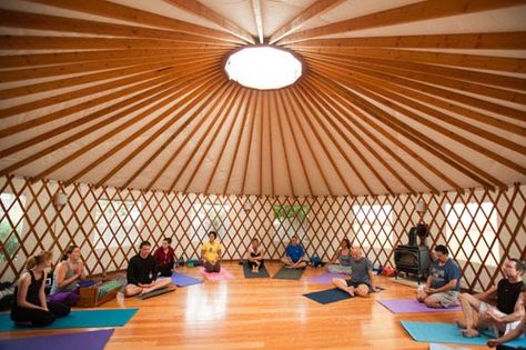 I want a yurt.  I want to do yoga in a yurt.  I want to make music, and do yoga, in a yurt.  Can I be more clear universe? Yurt Inspiration, Yurt Interior, Yoga Meditation Space, Yoga Place, Yurt Living, Ashtanga Vinyasa Yoga, Yoga Studio Design, Meditation Center, Yoga Space