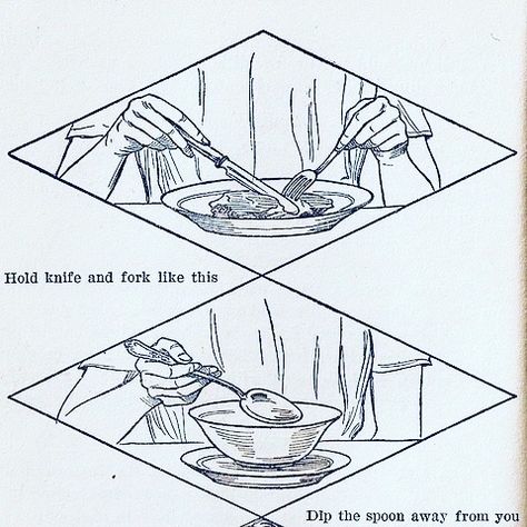 How to hold your knife and fork.  How to eat your soup. Eating With Fork And Knife Reference, Holding Fork And Knife Reference, Knife Holding Reference Drawing, Holding Fork Reference, Hand Holding Knife Reference, Anime Process, Holding Knife Pose Drawing, Fork Drawing, Etiquette Rules