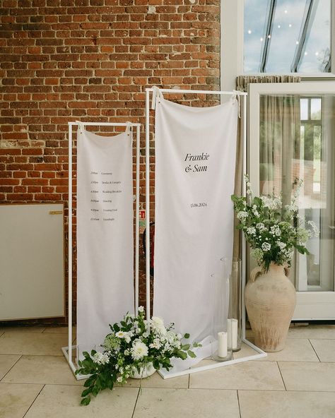 Details ✨ Me and Sam spent hours in our local cafe designing our wedding signage & stationery together. It was a really lovely part of the planning. We used the same vibes & design from invitations (gorgeously pressed by @inkandpaper_ldn ) right the way through to the signage. Our fabric signage was all printed onto cotton-muslin and we used Penny’s beautiful white frames. The florals and the stone pots made for the most beautiful display, we loved it so much 🥹 Venue @godwickweddings Phot... Fabric Signage, Painting Instagram, Fair Stand, Local Cafe, Orchard House, Signage Wedding, White Wedding Theme, Backdrop Wedding, White Frames