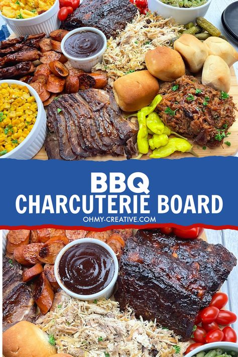 Delicious BBQ Charcuterie Board - Oh My Creative Bbq Grazing Board, Rib Charcuterie Board, Smoked Meat Charcuterie Board, Barbeque Charcuterie Board, Bbq Board Ideas, Smoked Charcuterie Board, Bbq Charcuterie Board Ideas, Bbq Oxtails, Texas Charcuterie Board