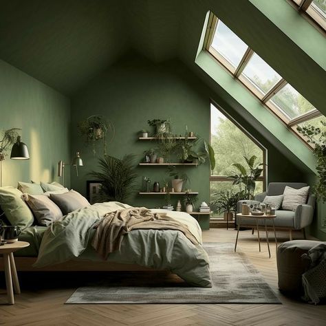 Bedroom Wall Decor Ideas, Green Bedroom Decor, Attic House, Loft Room, Green Walls, Attic Bedroom, Attic Rooms, Wall Decor Ideas, Tiny House Interior