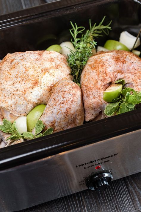 The roaster oven is a home cook’s best friend on Thanksgiving Day. Stuff Turkey With Apples, Turkey Breast Electric Roaster, Electric Roaster Turkey Breast Recipes, Electric Turkey Roaster Recipes, Nesco Recipes, Turkey Recipe Roaster Oven, Turkey Cooker, Roaster Oven Recipes, Countertop Cooking