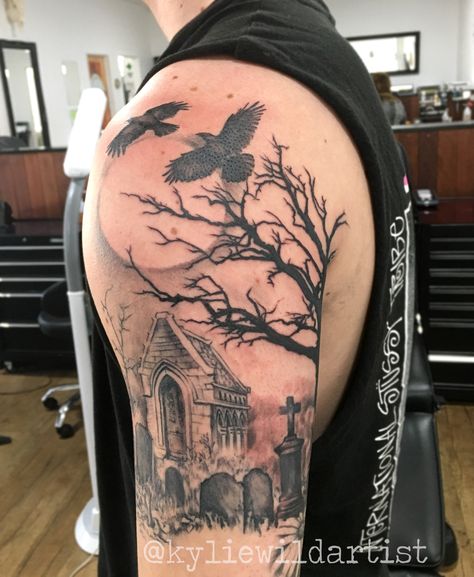 Graveyard, tree, crows, moon, tombstones, tattoo sleeve in progress by Kylie Wild Heslop, Canberra, Australia based Tattoo Artist Graveyard Sleeve Tattoo, Halloween Tree Tattoo, Tattoo Tombstone, Graveyard Tattoo Design, Headstone Tattoo, Graveyard Tattoos, Cemetery Tattoo, Tombstone Tattoo, Graveyard Tattoo