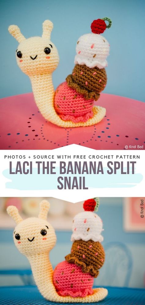 Crochet Ice Cream, Crochet Snail, Crochet Animals Free Patterns, Crochet Food, Crochet Free, Diy Crochet Projects, Free Crochet Patterns, Amigurumi Free Pattern, Easy Crochet Patterns