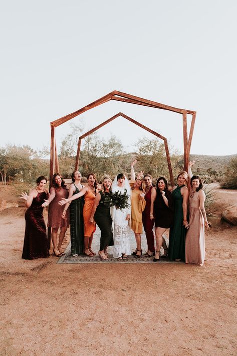 A Joshua Tree wedding at Tumbleweed Sanctuary, this bride chose to not have a traditional wedding party and instead partied with close friends Tree Wedding Ceremony, Desert Weddings, Zion Wedding, Joshua Tree Wedding, Boho Desert, Party Attire, Commitment Ceremony, Desert Garden, Moody Wedding