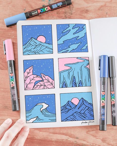 The next page ✍️ planning on refining this later... . #mountain #water #river #posca #ocean #leaves #illustrate #illustrator #illustration… | Instagram Posca Landscape, Picture For Drawing, Posca Art Doodle, Posca Water, Posca Marker Art, Posca Ideas, Posca Pen Art, Posca Illustration, River Illustration