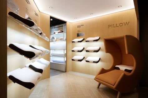 Soothing Bedding Stores : bedding store Bed Textiles, Bed Showroom, Pillow Display, Sleep Solutions, Relaxation Room, Clinic Design, Showroom Design, Retail Store Design, Retail Design Blog