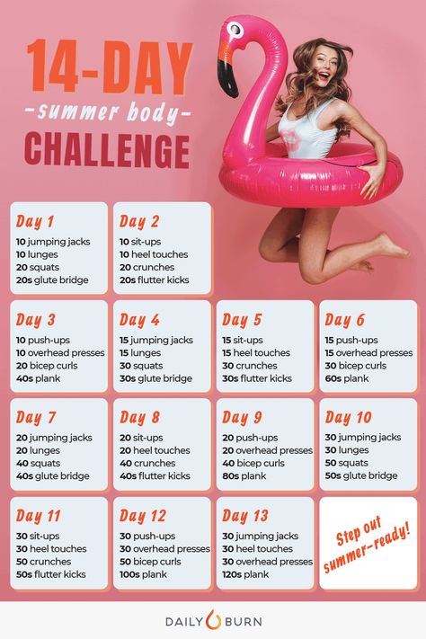 Workout Challenge Beginner, 2 Week Workout, Abs Of Steel, Summer Body Challenge, Leg Challenge, Gym Workout Guide, Mini Workouts, Daily Burn, Workout List