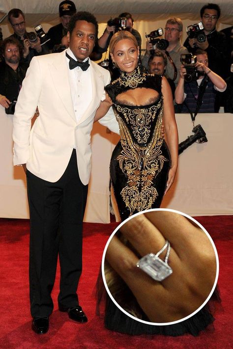 Jay-Z didn't just put a ring on it—he went above and beyond for wife Beyoncé with a huge 18-carat diamond ring.   - ELLE.com Celebrity Wedding Rings, Fine Engagement Rings, Cute Engagement Rings, Celebrity Jewelry, Beyonce And Jay Z, Engagement Celebration, Celebrity Engagement Rings, Beyonce And Jay, Gorgeous Engagement Ring