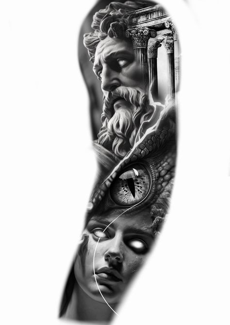 Full Sleeve Tattoo Ideas, Cute Tattoo Ideas, Greek God Tattoo, Mangas Tattoo, Zeus Tattoo, Egyptian Tattoo Sleeve, Sleeve Tattoo Ideas, Realistic Tattoo Sleeve, Statue Tattoo