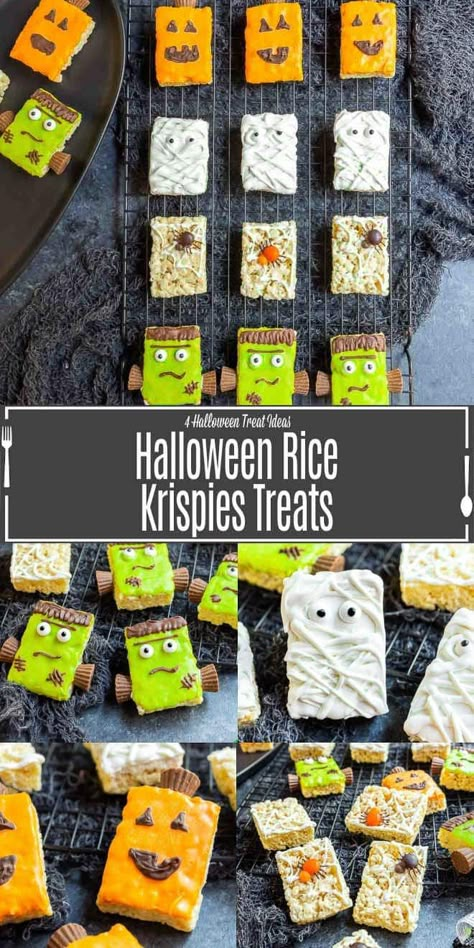 4 different ideas for decorating Halloween Rice Krispies Treats Halloween Rice Crispy Treats, Rice Krispies Treats Recipe, Halloween Rice Krispies, Mummy Pumpkin, Halloween Rice Krispie Treats, Easy Halloween Party Food, Delicious Halloween Treats, Easy Halloween Treats, Fun Halloween Treats