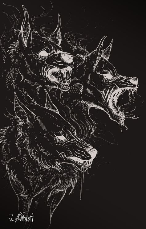 Cerebus Dog Art, Cerberus Art Drawings, Cerberus Dog Tattoo, Cerberus Wallpaper Iphone, Underworld Tattoo Greek Mythology, Cerberus Painting, Cerberus Artwork, Cerberus Mythology, Cerberus Sketch